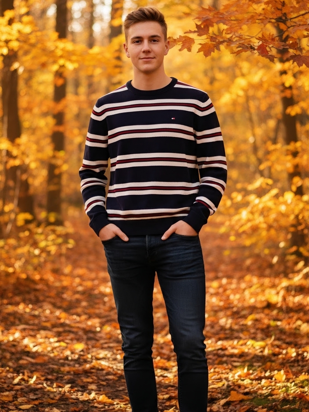 Tommy Hilfiger Striped Cotton Knit Sweater Navy Blue Red White Crewneck Men M